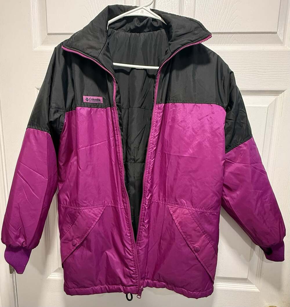VTG Columbia Reversible Colorblock Puffer Jacket Womens L Black Purple Full Zip